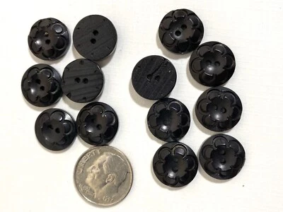 USA 20L 1/2 inch 2-hole Buttons Black Corozo 6-petal flower engrave24 PC Lot NEW - Image 1 of 2