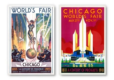 Juego de 2 impresiones de carteles del mundo de Chicago, arte retro de viaje vintage de progreso del siglo Foto 1 de 3
