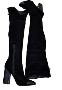 Guess 7.5 Black Velvet Thigh High Heeled Boots LOLO Patent Leather Cap Toe - Picture 1 of 10