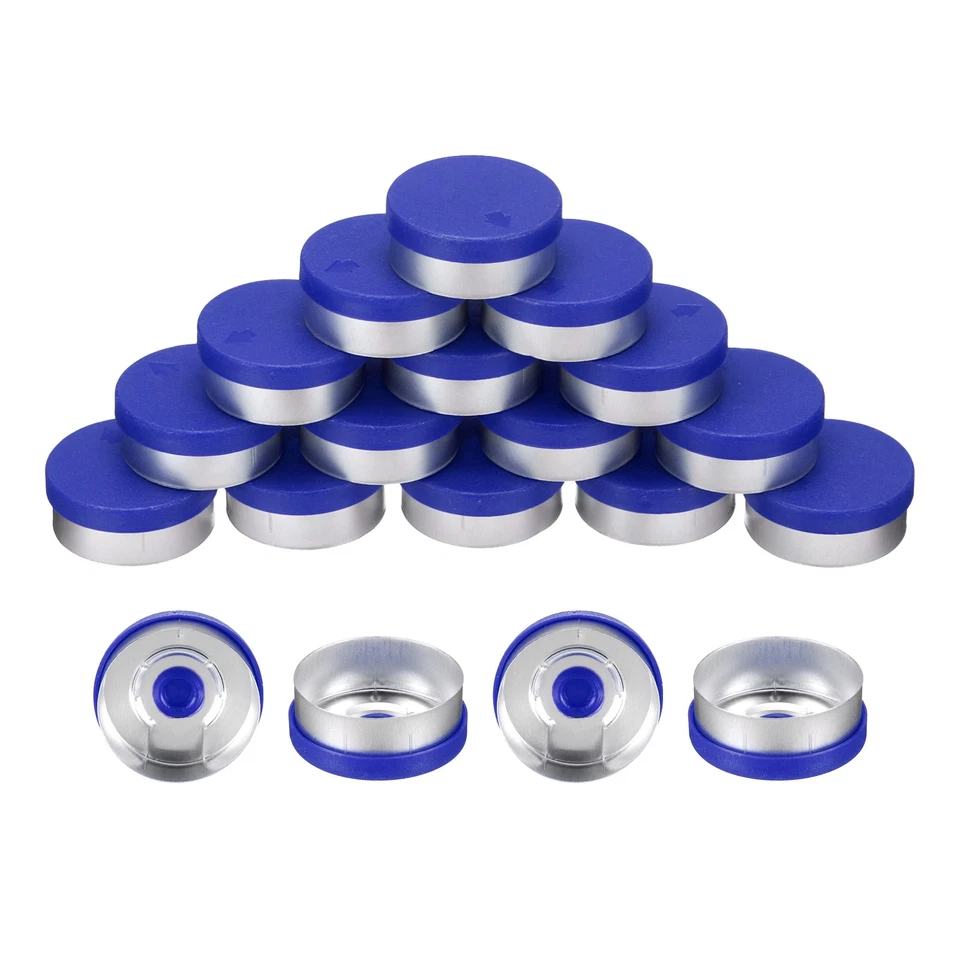 200PCS 20mm Burr-Free Flip Off Caps for Glass Vial Bottles, Blue/Silver Foto 1 de 4