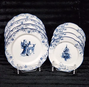 8 Blue White Santa Reindeer Tree Dinner & Salad Plates Ceramic Christmas Retro - Picture 1 of 15