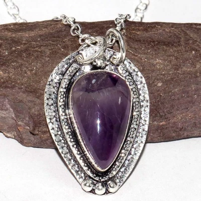 925 Silver Plated Huge Natural Amethyst Necklace Gemstone Handmade 17" GW - Image 1 of 3