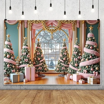Christmas Pink Tree Window Photo Background Happy New Year Xmas Backdrop Banner - Image 1 of 4
