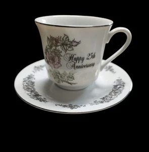 VTG Enesco 50th Anniversary Tea Cup & Saucer Pink Roses Gold Tone Trim Japan1983 - Picture 1 of 5