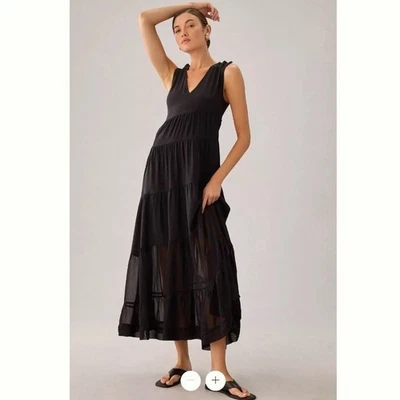 By Anthropologie Women's Size 8 Black V-Neck Sleeveless Tiered Silk Maxi Dress - Image 1 of 4