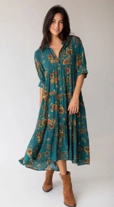 Natural Life Floral Teal Green and Brown Dress Size Large - Picture 1 of 10
