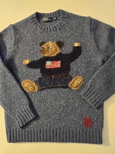 Polo Ralph Lauren Sitting Polo Bear RL92 USA American Flag Wool Sweater MEDIUM  - Picture 1 of 7