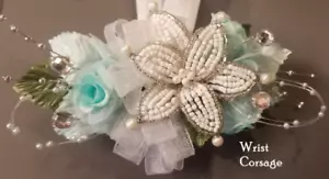 Corsage Aqua Blue Green Beaded Lily Silk Roses, Rhinestones. Boutonniere Option - Picture 1 of 8