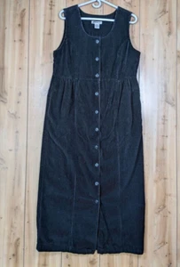 VTG 90s Eddie Bauer Corduroy Maxi Jumper Dress Medium Tall Black Full Button EUC - Picture 1 of 7