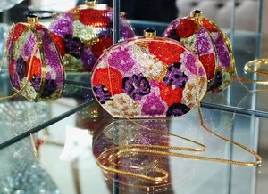 JUDITH LEIBER SWAROVSKI CRYSTAL FLOWER POPPY PANSY FLORAL MINAUDIERE CLUTCH BAG - Picture 1 of 12