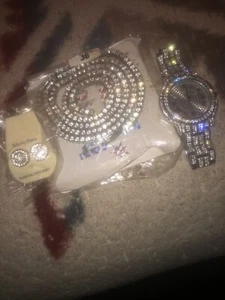 BUNDLE WATCH EARINGS & CHAIN (36) INCHES LIGHTS UP WHOLE ROOM - Picture 1 of 8