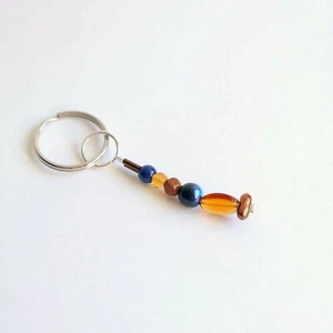 Handmade Blue and Amber Colored Glass Beaded Keychain Copper Accents - Picture 1 of 5