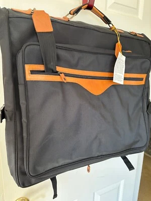 NWT Brookstone Garment Travel Bag Black Ballistic Nylon with Tan Leather Trim  - Image 1 of 4