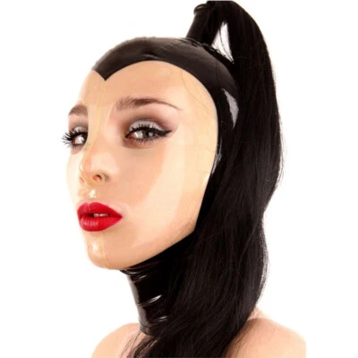 Latex Hood with Black Ponytail Wig Back Zipper Rubber Mask with Pigtail Party US - Image 1 of 3
