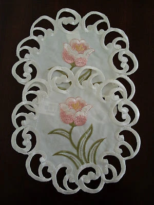 2pcs 8" Doily  Embroidered Placemat TableTopper Pink Tulip Floral Cutwork Design - Image 1 of 2