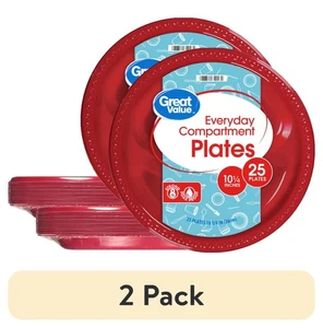 (2 pack) Everyday Disposable Plastic Compartment Plate, Red, 10.25", 25 Count - Picture 1 of 8