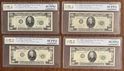4PC LOT $20 1950D FEDERAL RESERVE NOTES NEW YORK PCGS 45PPQ & (3)50PPQ FR#2063-B - Image 1 of 2