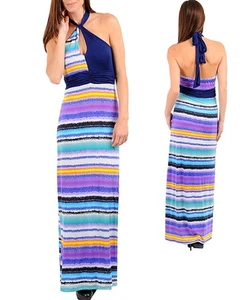 WOMENS Dress Jr sz Maxi Summer Keyhole Halter S M L stripe BOHO CHIC Stretchy - Picture 1 of 1