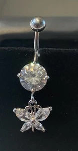 Round & Butterfly Rhinestones Dangle Belly Button Navel Ring Curved Bar Piercing - Picture 1 of 5