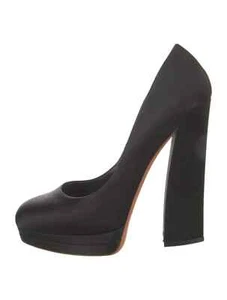 CASADEI Black Satin Platform Round-Toes Block Heels Pumps Size 7 Very Good Cond. - Picture 1 of 5