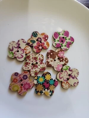 10pcs 25mm Wooden Multicolour Flower 2 Hole Button - Image 1 of 2
