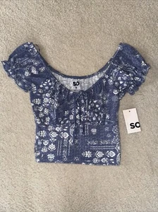 SO Puff Sleeve Crop Top Women Junior M Blue Scoop-Neck Tee Spring Summer Blouse - Picture 1 of 5