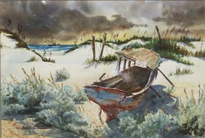 Ralph Ledesma stimmungsvolles Vintage Aquarell - altes Boot am Strand - Bild 1 von 4