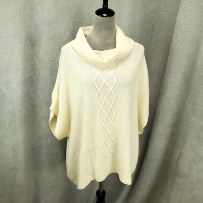 Suéter feminino Coldwater Creek 3X marfim gola capuz mistura de lã trançada tricô acento - Imagem 1 de 4