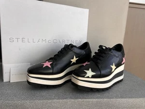 Stella McCartney Elyse Stars Women Black Leather Platform Sneakers 38.5 with Box - Picture 1 of 16