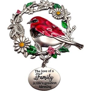 Red Bird Floral Wreath Ornament Love Family Blessing Enamel & Zinc 3.5" By Ganz