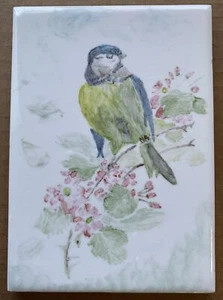 Wheeling Cushion Hand Painted Ceramic Tile Blue Yellow-Green White Bird Floral - Picture 1 of 4