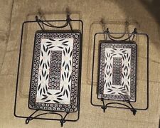 Set of 2 Black Wrought Iron Trays w/ Handles and Removable Blue Glass Liners