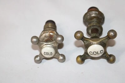 2 Vintage Cold Bathroom Sink Tub Faucet Porcelain Brass Handles Parts - Image 1 of 4