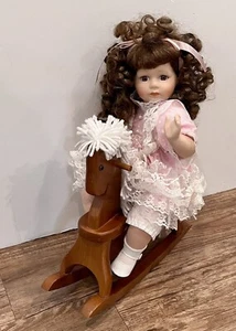 Porcelain Doll on Rocking Horse - Pink Lacy Dress 15”x 12” Crowne Collection - Picture 1 of 9