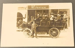 # K2371    EARLY TOURING BUS   REAL PHOTO   POSTCARD,  SIGN   " ASK MR. FOSTER " - Picture 1 of 2