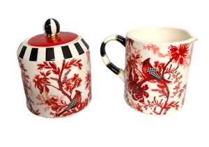 Mackenzie Childs Cardinal Toile Creamer Lidded Sugar Bowl Set of 2 - Picture 1 of 2