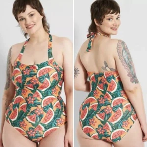 ModCloth Ava One Piece Swimsuit 2X orange watermelon halter vintage retro pinup - Picture 1 of 13
