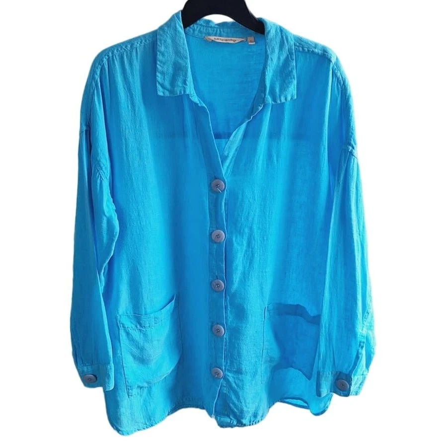Top Soft Surroundings Mujer Grande Azul Claro 100% Lino Botón Bolsillo Frontal Foto 1 de 4