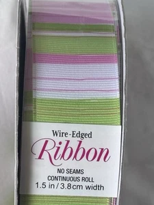 Pink & Green Ribbon Stripes Kirkland Wire Edged 1.5" Wired 50 Yds 1 1/2" 150 Ft - Bild 1 von 7
