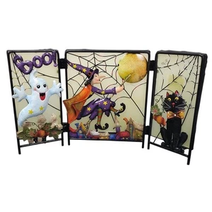 Home Interiors HOMCO Vintage Halloween Hexe Geist schwarze Katze Tri Screen Windlicht - Bild 1 von 9
