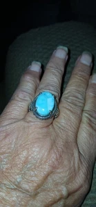 Vintage Sterling signierter 925 TJC Stefy Design ovaler Larimar Cabochon Ring Gr. 8  - Bild 1 von 13