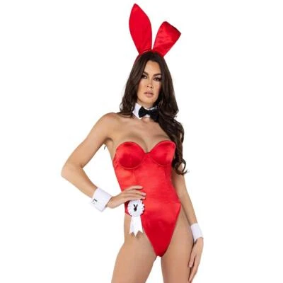 Playboy Bunny Costume Set Bodysuit Ears Tail Cuff Links Bow Tie Red PB127 - Image 1 of 4