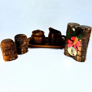 Wood Carved Tiki Totem Salt & Pepper Shakers Cream & Sugar Hawaiian Island Vtg - Picture 1 of 5