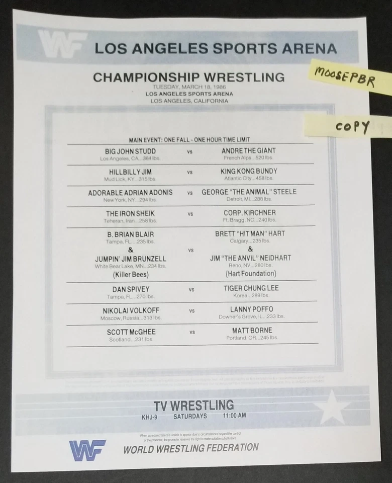 WWF 1986 LA SPORTS ARENA Lineup Sheet MARCH 18 Andre vs John Studd REPRO-KUSTOM - Image 1 of 1