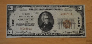 1929 $20 THE SECOND NATIONAL BANK OF GREENVILLE OHIO BANKNOTE low serial # - Picture 1 of 2
