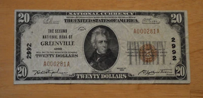1929 $20 THE SECOND NATIONAL BANK OF GREENVILLE OHIO  BANKNOTE low serial # - Image 1 of 2