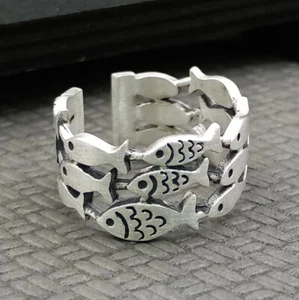 A15 Ring with Many Small Fishing Fish Sterling Silver 925 Adjustable Size - Imagen 1 de 6