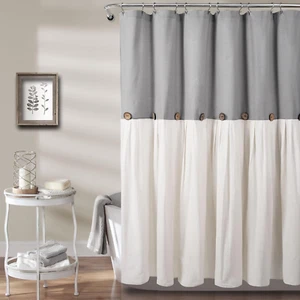 Linen Button Farmhouse Shower Curtain, 72" W X 78" L, Gray & off White - Pleated - Picture 1 of 7