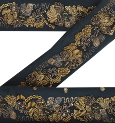 Cinta de coser de encaje gris con cuentas a mano borde de sari vintage de 1 yarda Sanskriti Foto 1 de 4