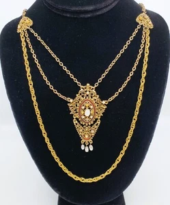 Signierte FLORENZA viktorianische Girlande Halskette mit Schmuck Emaille Kunstperlen Mondstein - Bild 1 von 18
